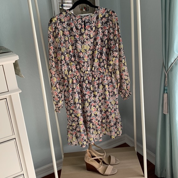 Loft Gray yellow grey pink white gold blue floral long sleeve dress size large - Picture 3 of 7